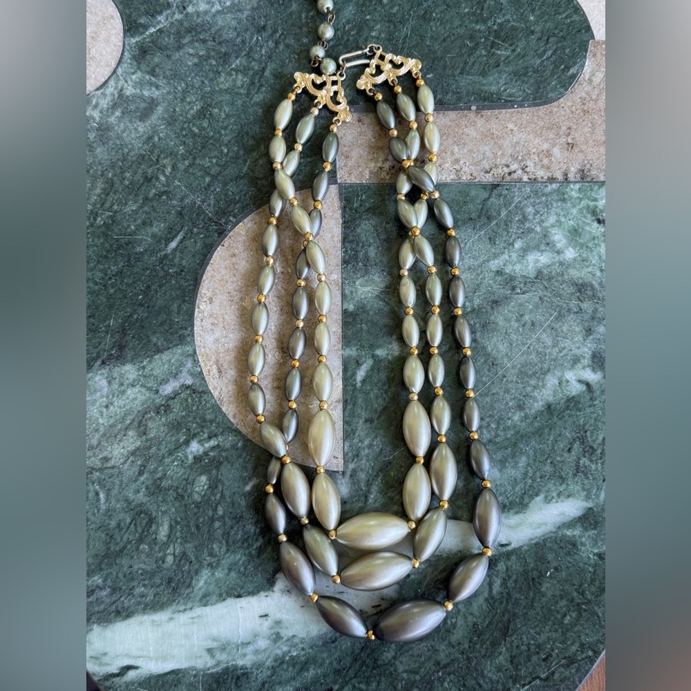 Vintage Triple Strand Necklace with Gold and Blue-Gray Beads, Hong Kong